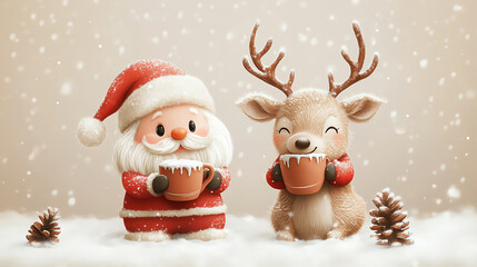 Cheerful Santa Claus and a cute deer hold warm drinks in a snowy scene, perfect for holiday spirit and Christmas joy.