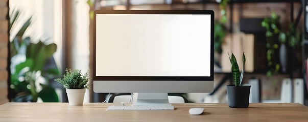 Obraz premium Modern Desktop Workspace with Computer, Plants, and Accessories