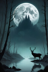 Fototapeta premium Deer in a dramatic environment under the moonlight