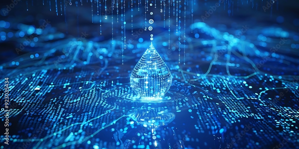 Poster digital water drop illustration - blue water drop with binary code