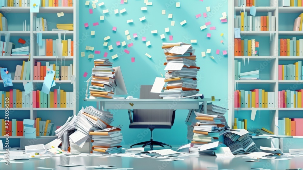 Poster an office environment with an overflow of documents and files spilling off a desk, highlighting the 