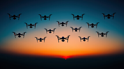 Fototapeta premium A stunning aerial view of multiple drones flying majestically against a vibrant sunset backdrop, creating an impressive visual.