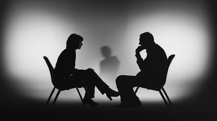 Silhouettes of two people engaged in a serious conversation, emphasizing thoughtful dialogue and emotional depth in black and white