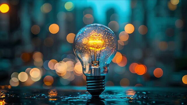 A glowing light bulb stands out against a backdrop of blurred city lights. and new ideas.