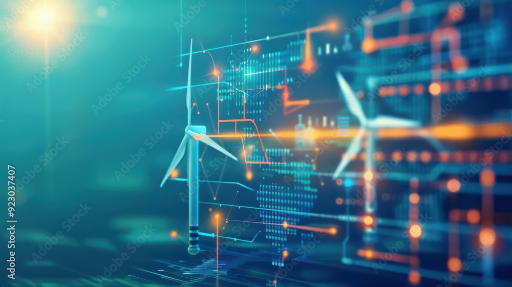 Poster smart grid interface showing renewable energy distribution, advanced and efficient.