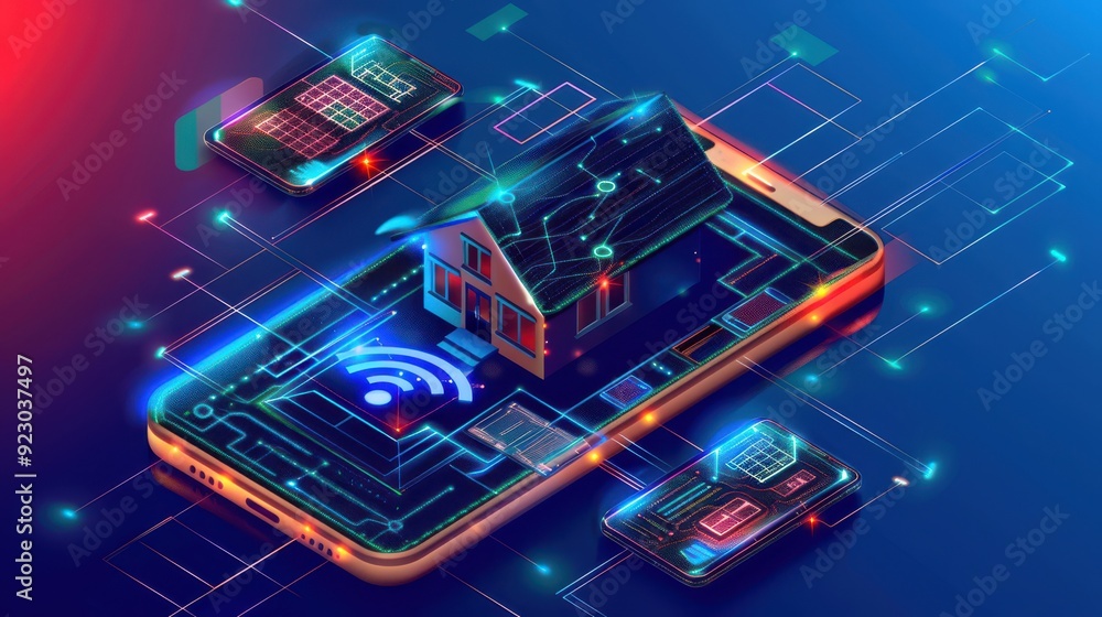 Poster smart home setup with interconnected devices, futuristic and seamless.