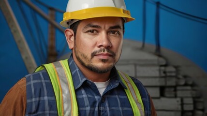 Photo construction worker portrait on blue background