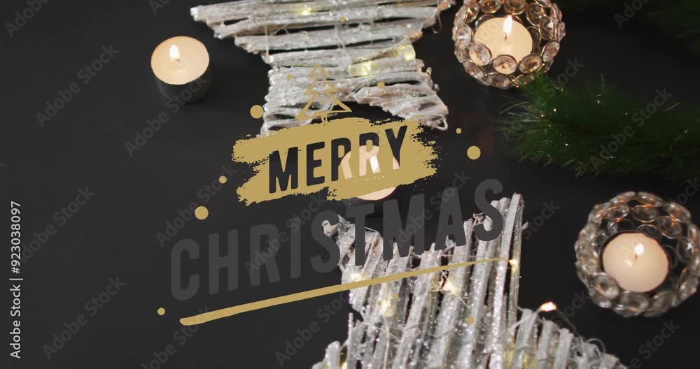 Poster Merry Christmas text animation over candles and festive decorations on dark background