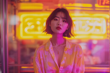 Obraz premium A woman in a yellow shirt stands in front of a neon sign