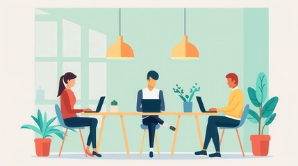 Startup office, modern workspace with tech devices, flat design illustration