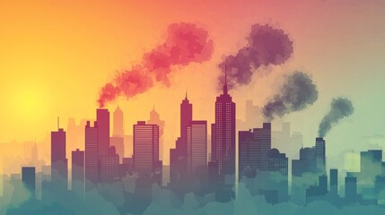 Fototapeta premium Urban Skyline with Air Pollution and Emissions at Sunrise