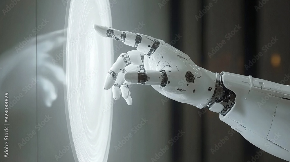 Poster advanced robotic hand engaging with digital interface