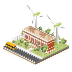 Isometric School Building with Solar Panels and Wind Turbine Isolated on White Background. Trees and Road. Man Goes to the School. Ecology Concept.