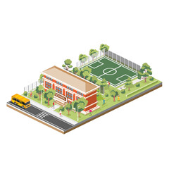 Obraz premium School or university building with sport stadium on the schoolyard. Isometric scene. School bus. Green trees.
