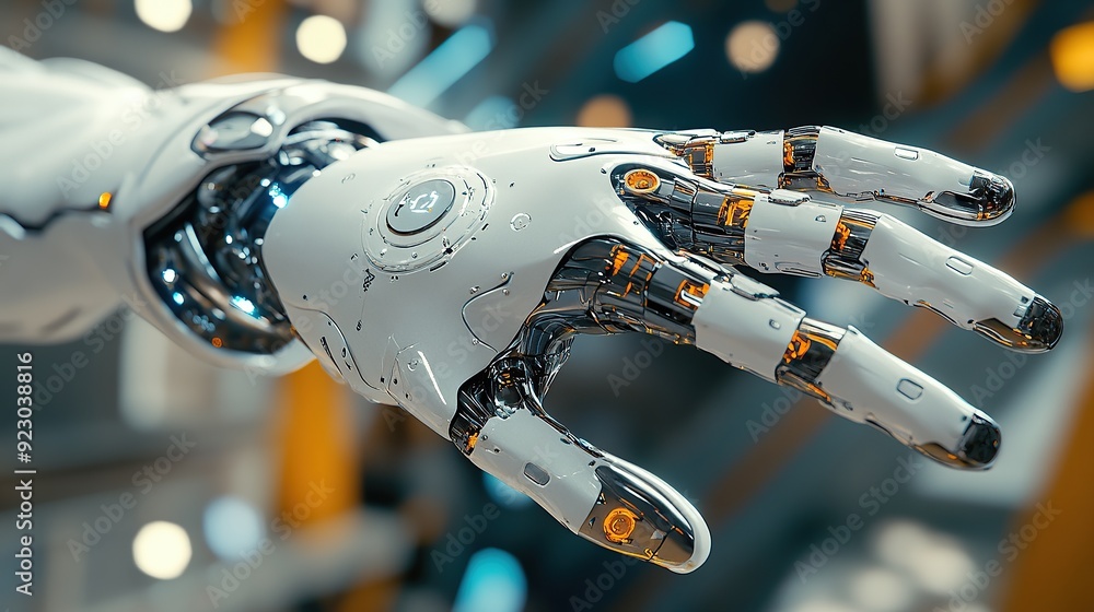 Poster robotic hand operating high-tech computer system