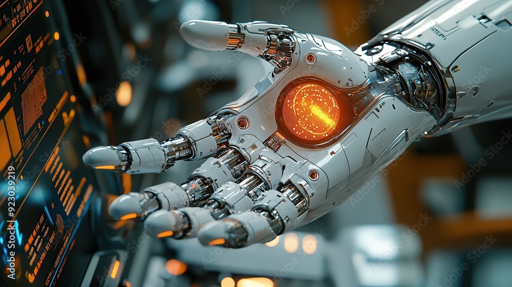 Poster robotic hand operating high-tech computer system