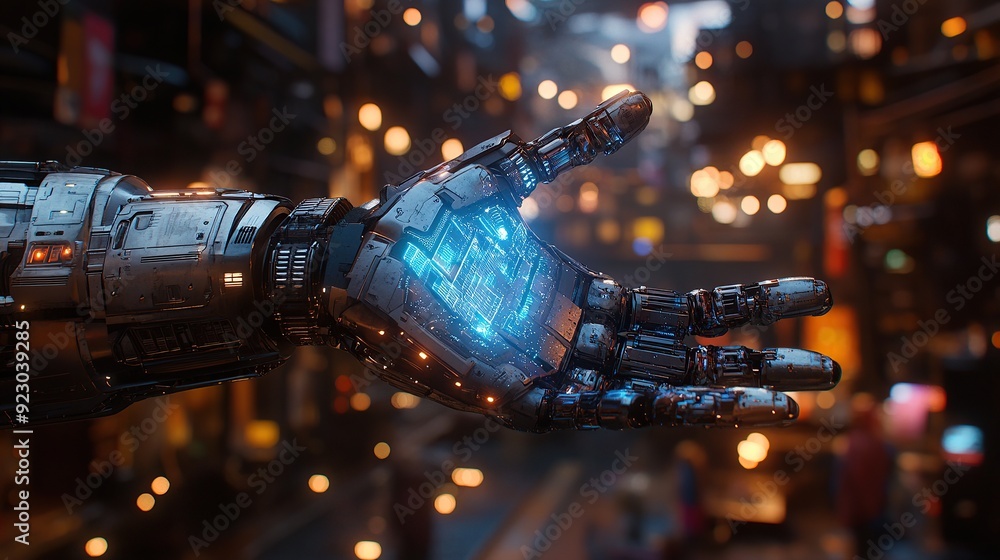 Poster advanced robotic hand displaying ai circuitry