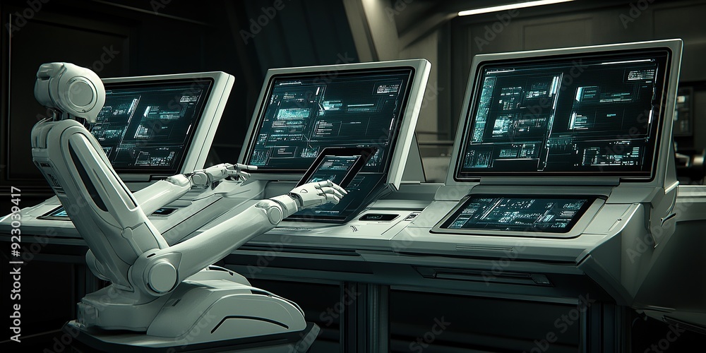 Poster futuristic robotics and ai controlling digital systems
