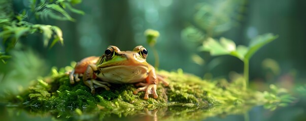 Green Frog Resting on Mossy Rock by Water