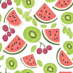 Seamless pattern of fruits having a picnic, featuring watermelon slices, grapes