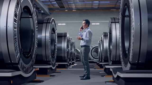 Full Body Side View Of An Asian Male Professional Worker Standing In Metal Factory, High-tech Industrial Facility, He Is Speaking With Someone In The Phone And Moving His Left Hand