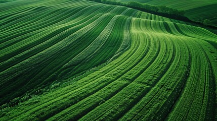 Naklejka premium Aerial view of lush green agricultural fields Curved patterns Crop rows Farmland landscape Rural scenery Organic shapes Agricultural geometry