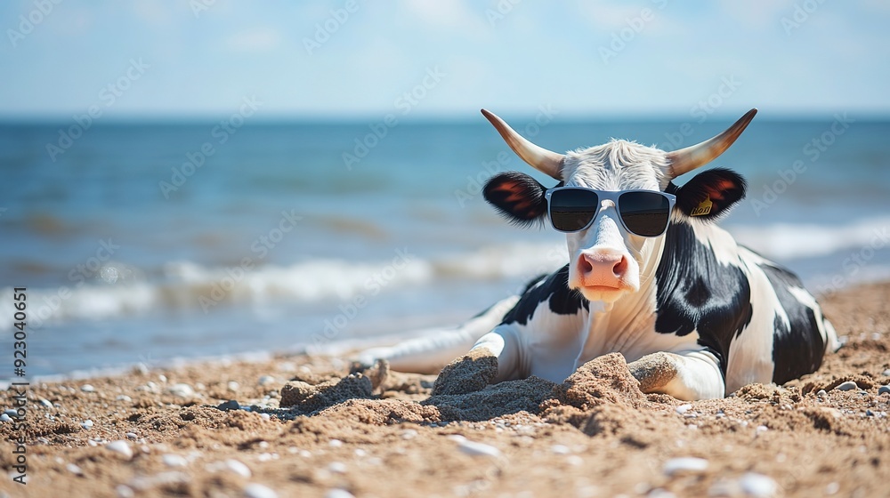 Canvas Prints Funny animal image of a Holstein cow lounging on the beach, wearing sunglasses. Cute heifer at the ocean on a summer day