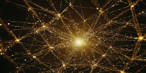 Abstract golden network with bright light at center.