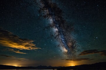 Beautiful night sky.Mountains, rivers, stars and the Milky Way