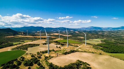 Aerial view of windmills situated in agricultural areas on the hills of the province of Lleida in Catalonia, Spain.