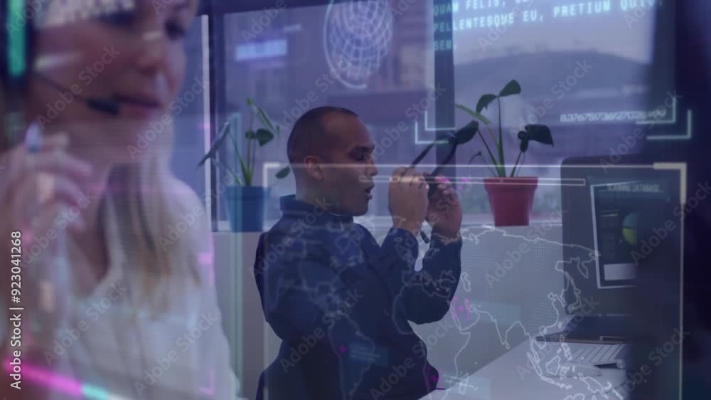 Poster using smartphone, businessman with world map and data processing animation in office