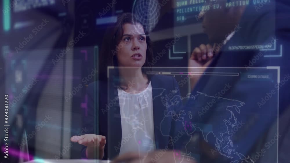 Poster discussing global data processing, businesswoman with world map and digital interface