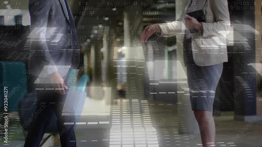 Poster business handshake in office with data processing animation over binary code
