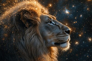 Naklejka premium A lion with a golden mane is staring at the camera. The image has a dreamy, ethereal quality to it, as if the lion is looking into a starry sky