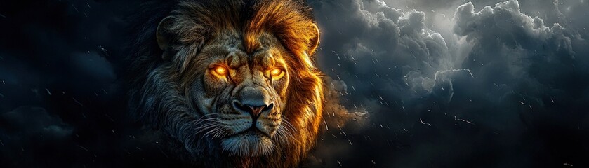 Naklejka premium A lion with glowing eyes is the main focus of this image. The lion is surrounded by a dark background, which creates a dramatic and intense atmosphere