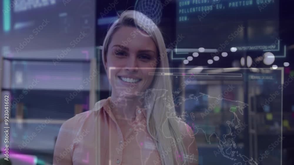 Poster smiling woman with world map and data processing animation over office background