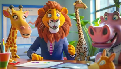 Fototapeta premium Lion Business Meeting with Giraffe and Hippo