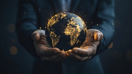 Fototapeta premium A businessman holding a globe with digital icons representing economic systems, digital sustainability, and sustainable technology.