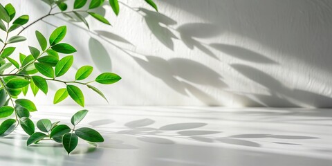 Branches with green leaves casting shadows on a white table, branches, green leaves, vase, shadows, white table