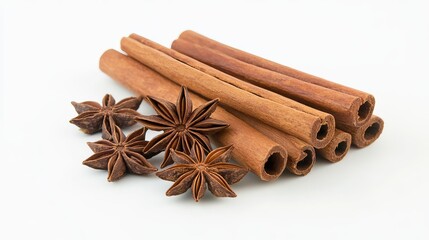 Cinnamon sticks and star anise arranged on a white background.
