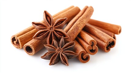 Cinnamon sticks and star anise arranged on a white background.