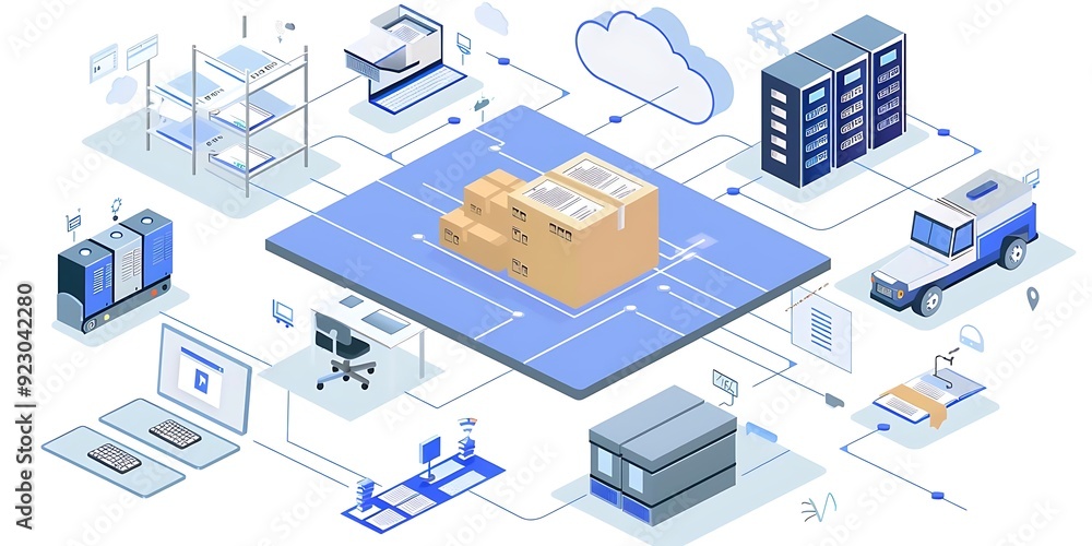 Poster isometric illustration of a complex network system with connected components