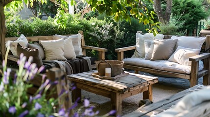 Fototapeta premium Cozy wooden patio set with cozy pillows and throws and rustic wooden seats