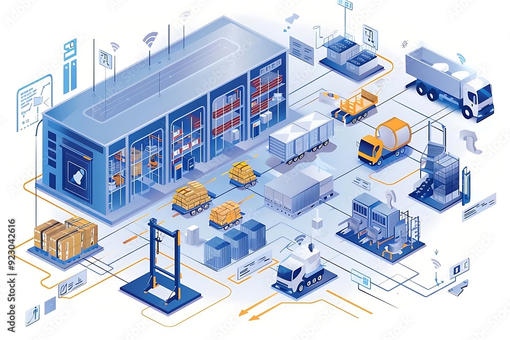 Poster smart warehouse automation illustration: connected logistics system with automated vehicles and robo