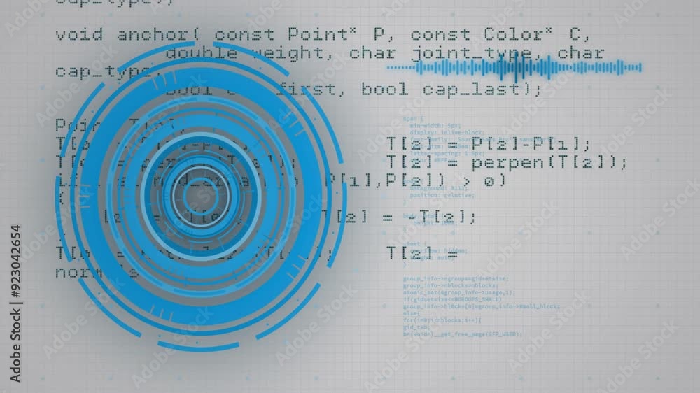 Poster blue concentric circles and soundwave animation overlaying programming code and math formulas