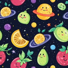 Fototapeta premium Seamless pattern of fruits in outer space, with aliens made of fruit and planets as fruity objects