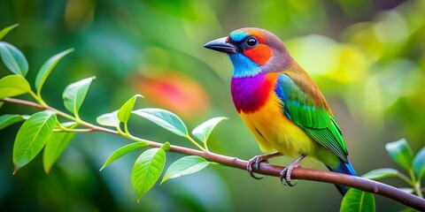 Obraz premium Colorful bird perched on a branch with leaves, featuring a contrast outline, bird,colorful, branch, leaves, contrast