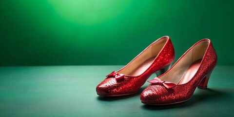 Pair of ruby slippers on emerald green background, ruby slippers, emerald green, shoes, footwear, fashion, fantasy, magical