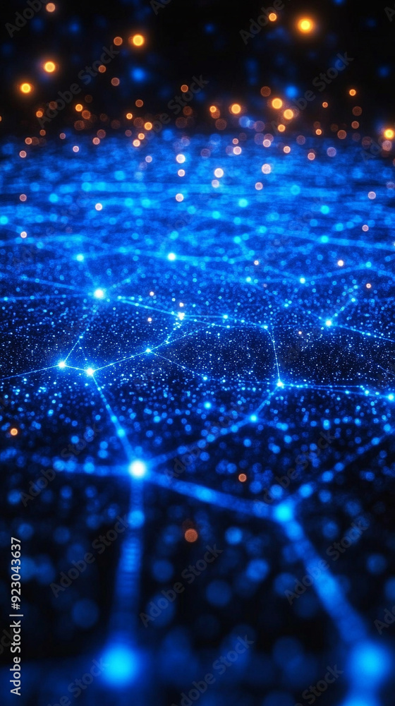 Poster neural network, featuring simple lines and dots interconnected in a grid-like pattern. this visual s