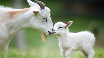 Obraz premium A mother goat tenderly nuzzles and gazes at her baby with deep affection. The baby goat, nestled close, feels secure and loved in her presence.